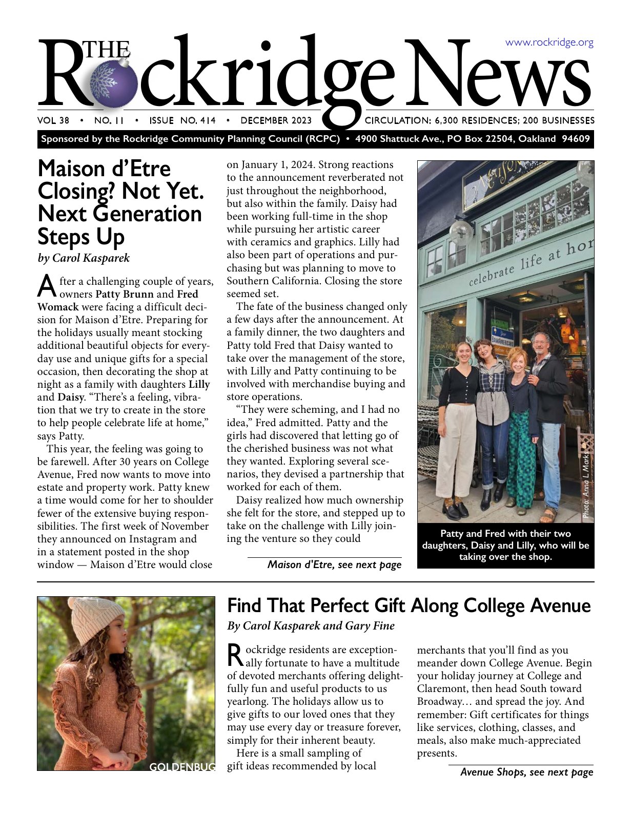 Click to zoom in The Rockridge News, December 2023, page 1