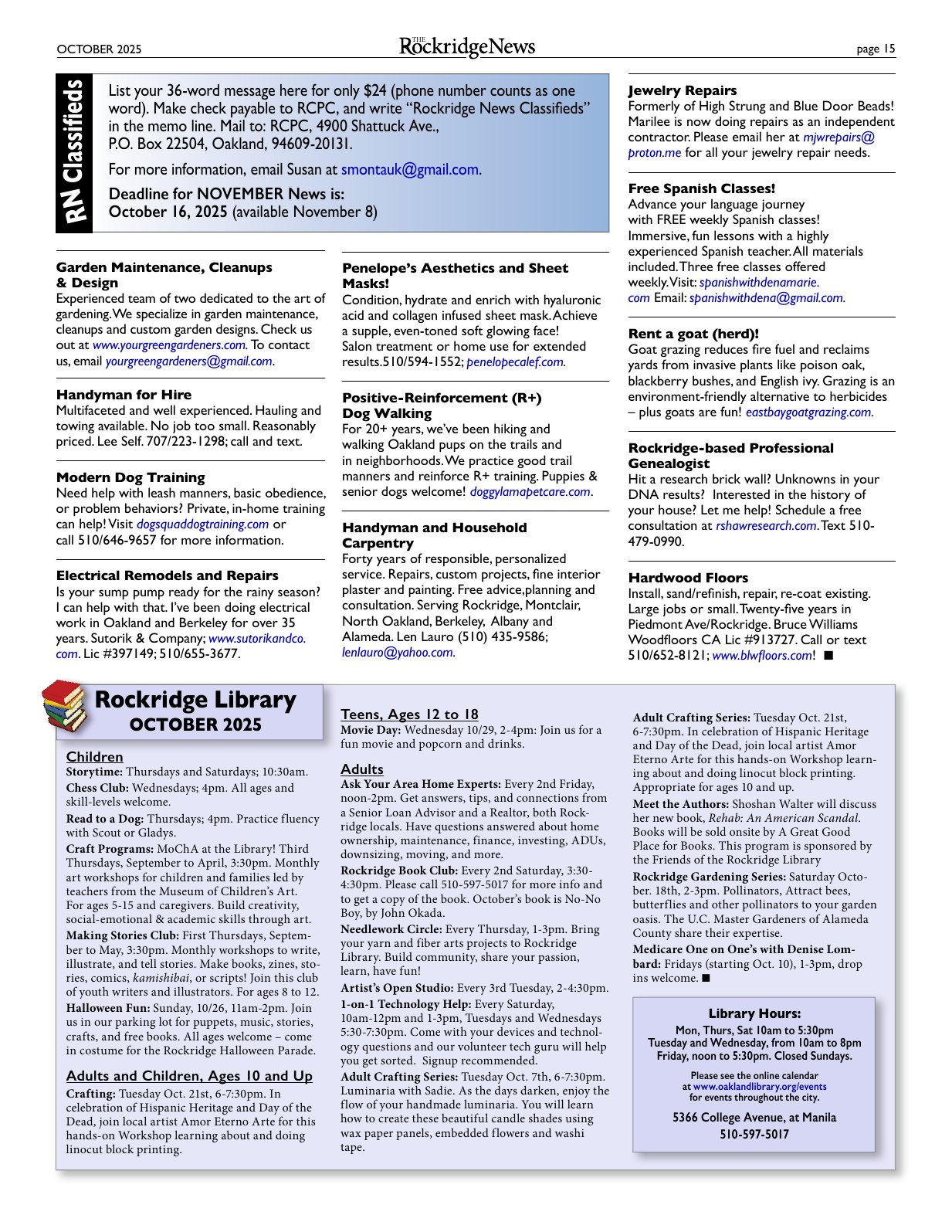 Click to zoom in The Rockridge News, October 2025, page 15