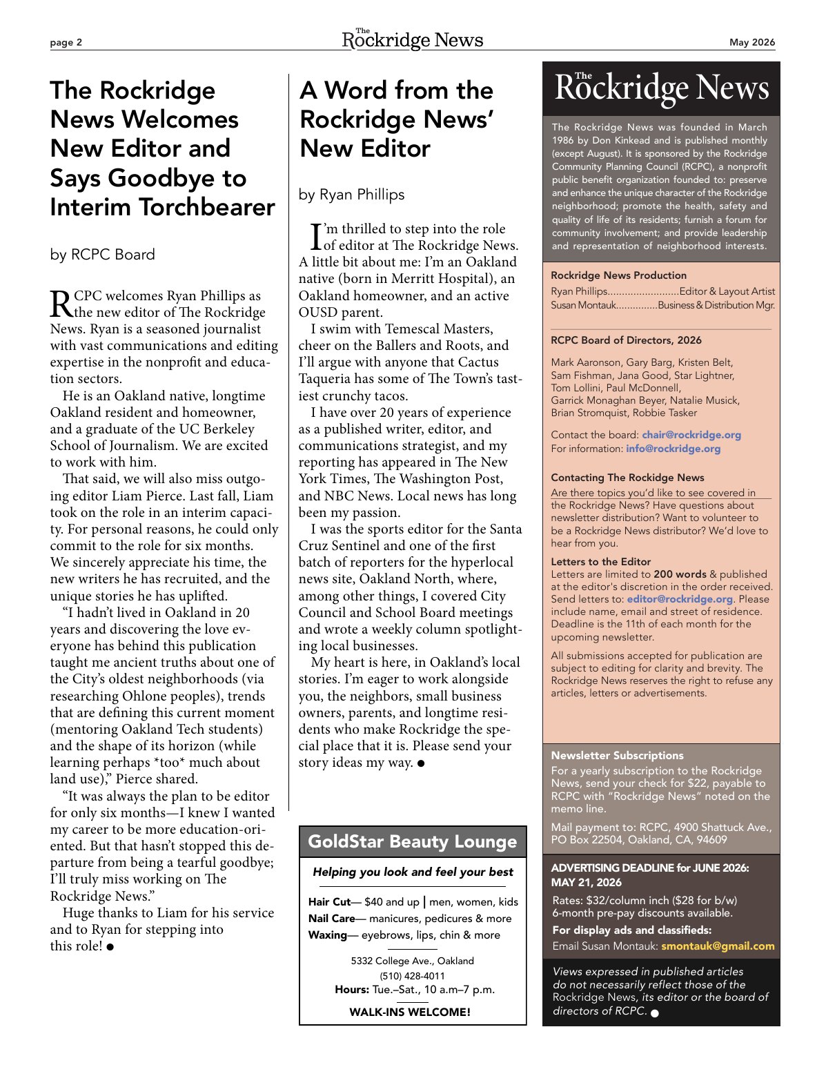 Click to zoom in The Rockridge News, May 2026, page 2